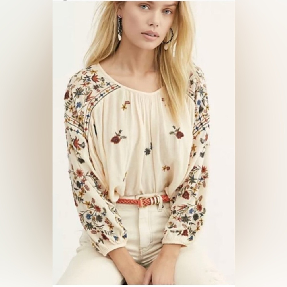 Free People Size XS Wild Flowers Blouse Embroidered Cream Long Sleeve Cropped - Picture 2 of 11